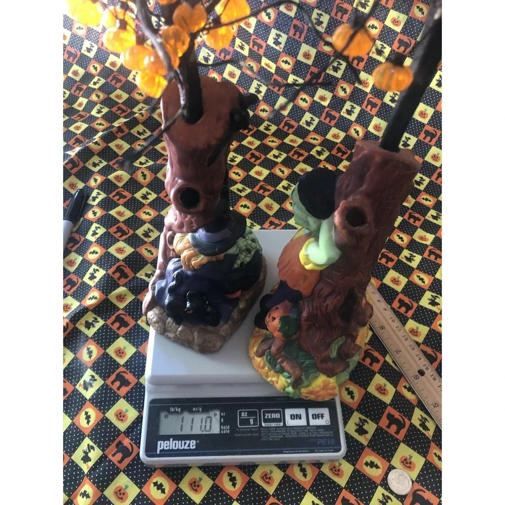 2  Ceramic Halloween Decoration Trees Witch & Frankenstein Orange Pumpkin Strand